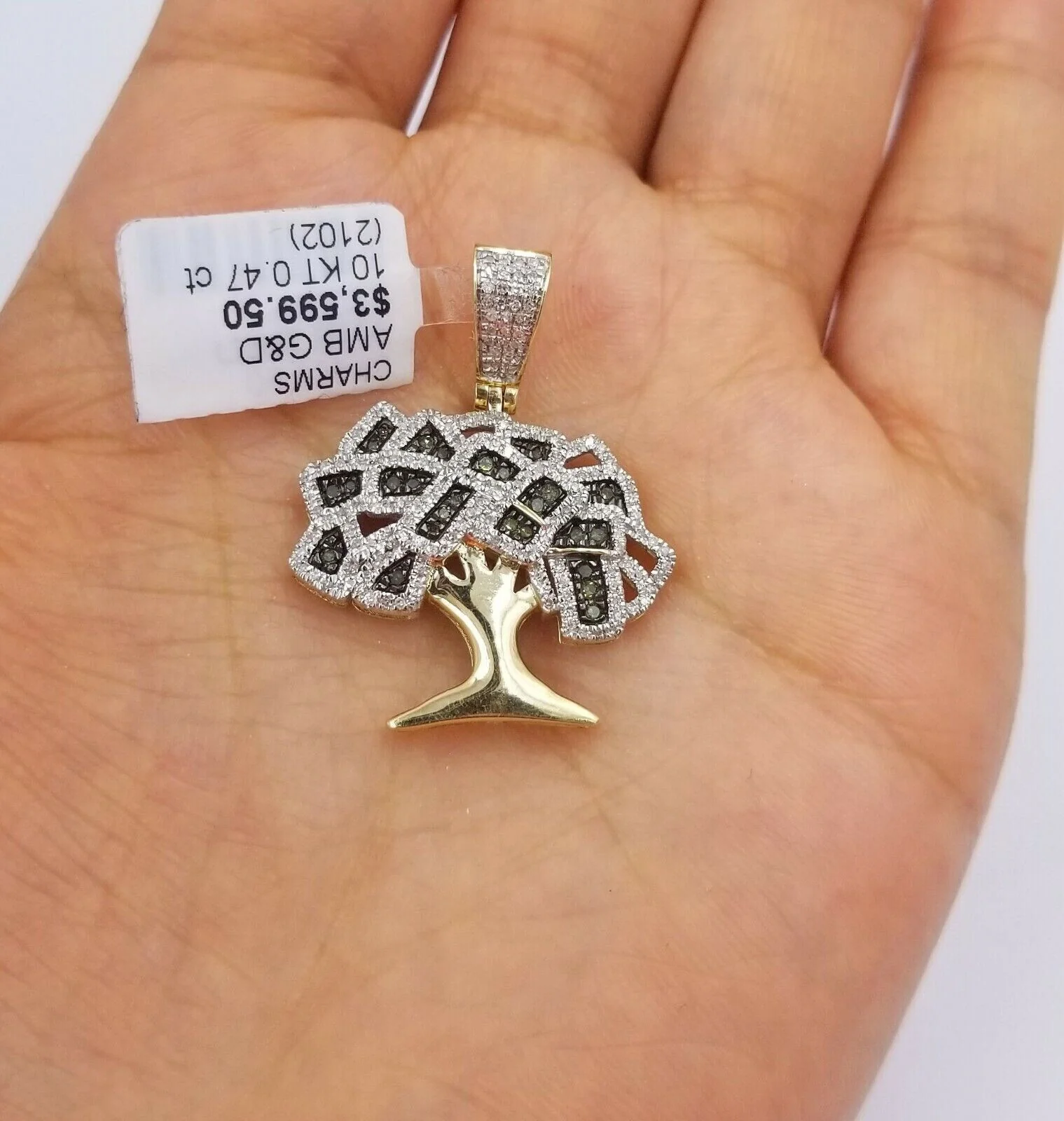 Money Tree charm Pendant REAL 10k Yellow Gold Genuine Natural Diamonds For Mens - Image 4