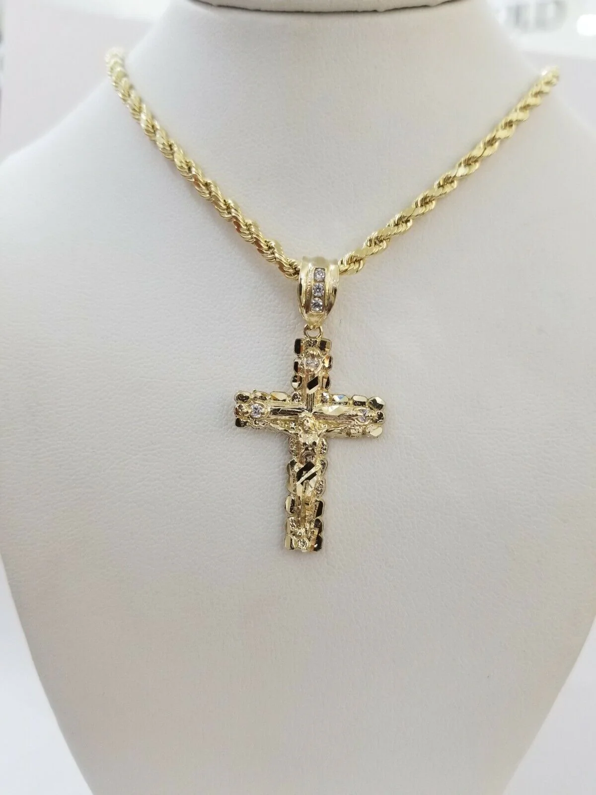 REAL 10k Rope Chain And Cross Charm Pendant 3mm Necklace Jesus Cross Set 16"-28" - Image 3