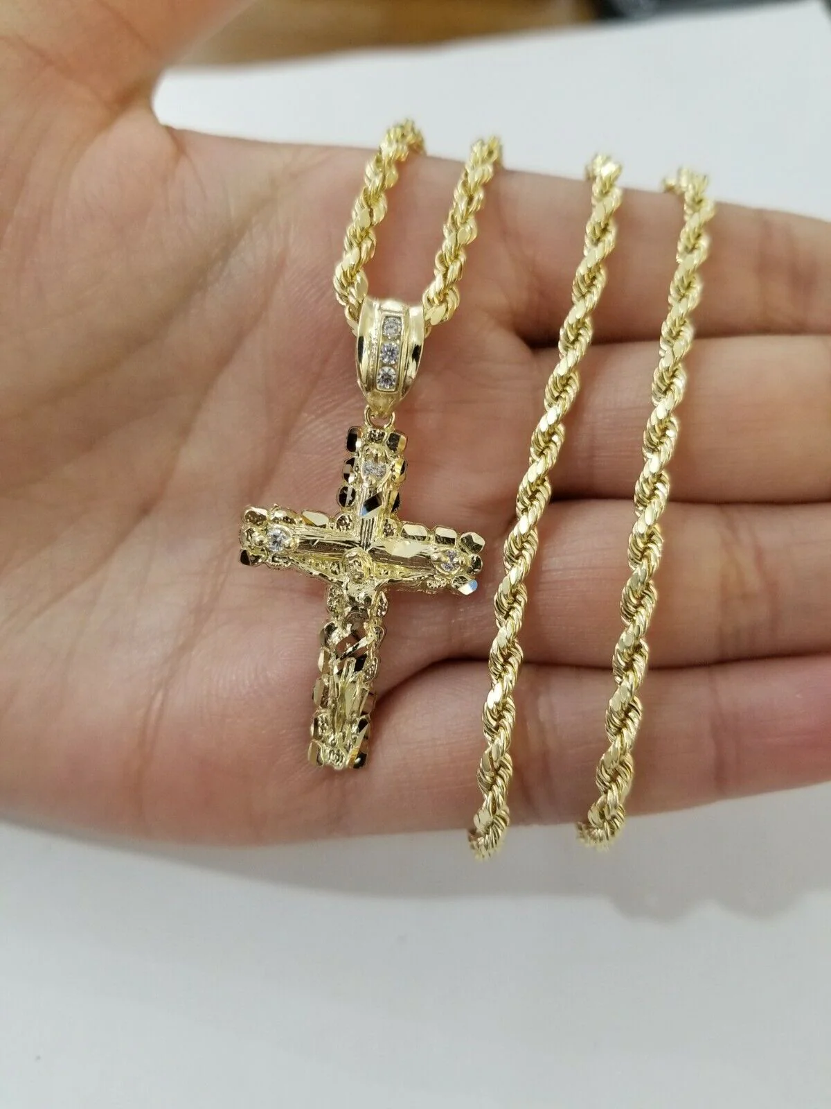 REAL 10k Rope Chain And Cross Charm Pendant 3mm Necklace Jesus Cross Set 16"-28" - Image 6