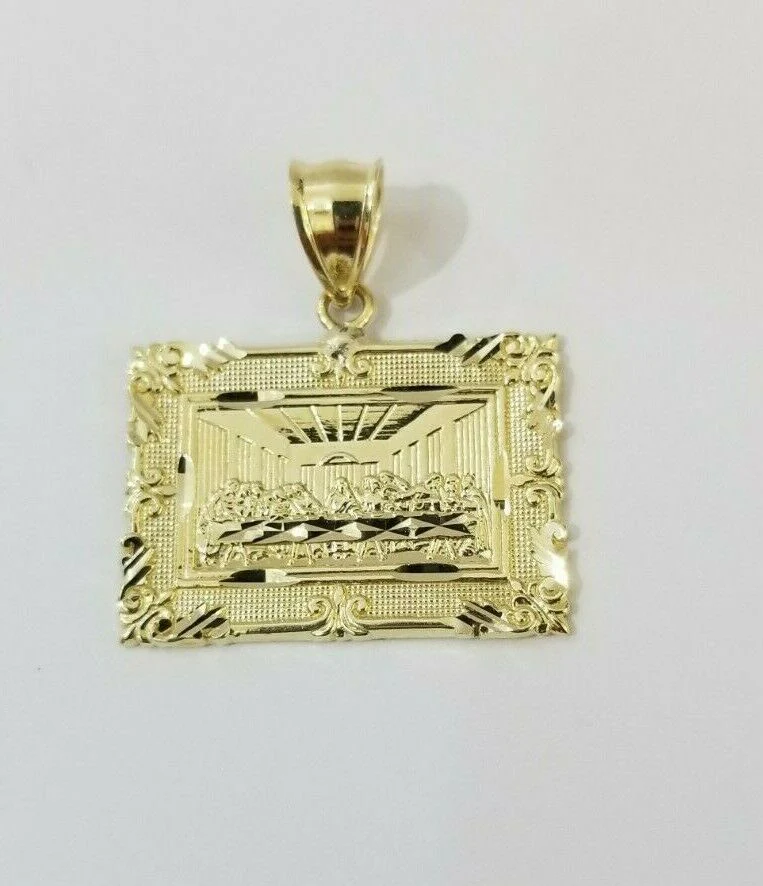 REAL 10k Yellow Gold Rope Chain Last Supper Charm Pendant SET 3mm Necklace 18-28 - Image 3