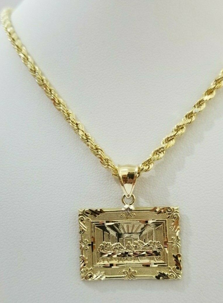 REAL 10k Yellow Gold Rope Chain Last Supper Charm Pendant SET 3mm Necklace 18-28 - Image 8