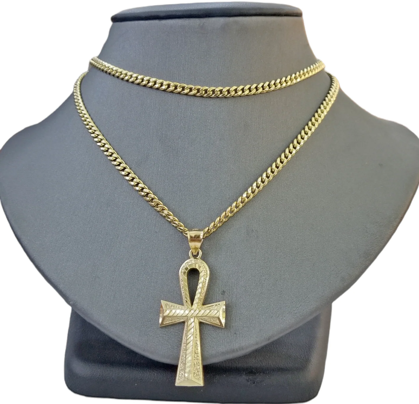 Real 14k Yellow Gold Ankh charm pendant 2.2 Inches Diamond Cuts Charm for Chains - Image 3
