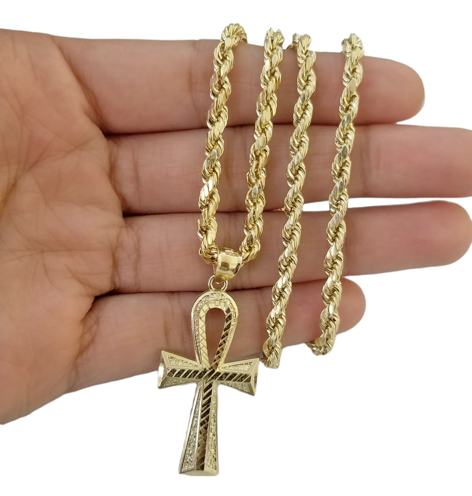 Real 14k Yellow Gold Ankh charm pendant 2.2 Inches Diamond Cuts Charm for Chains - Image 4