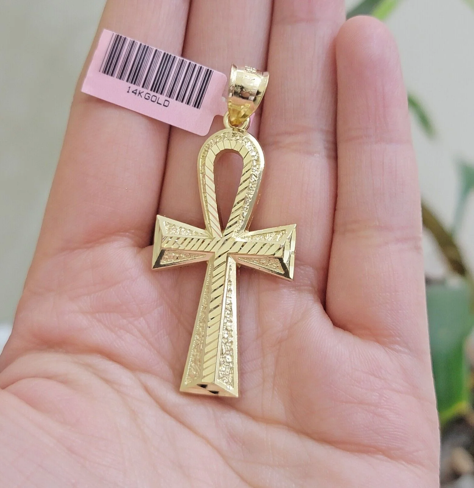 Real 14k Yellow Gold Ankh charm pendant 2.2 Inches Diamond Cuts Charm for Chains - Image 5
