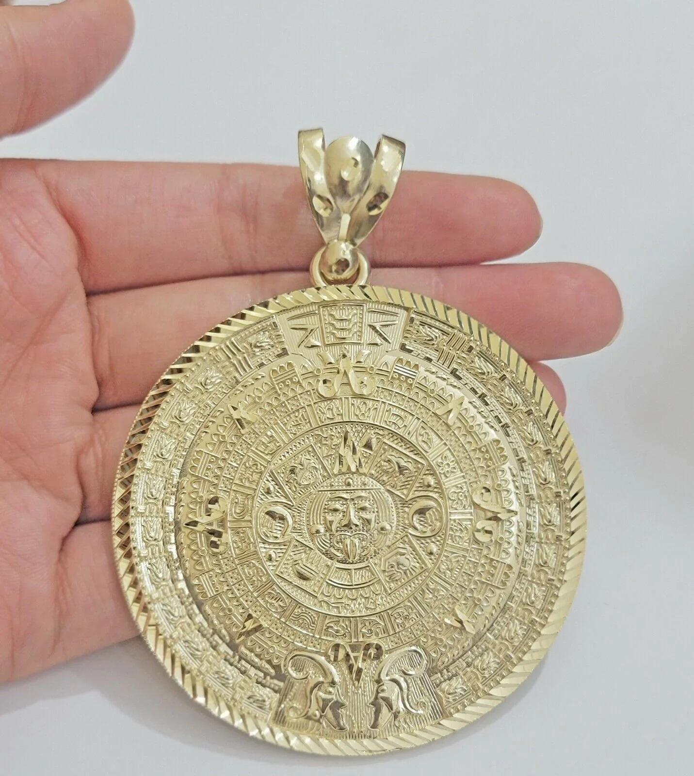 SOLID Real 10kt Yellow Gold Pendant Aztec Mayan Calendar 2.5" Men's Round Charm - Image 3