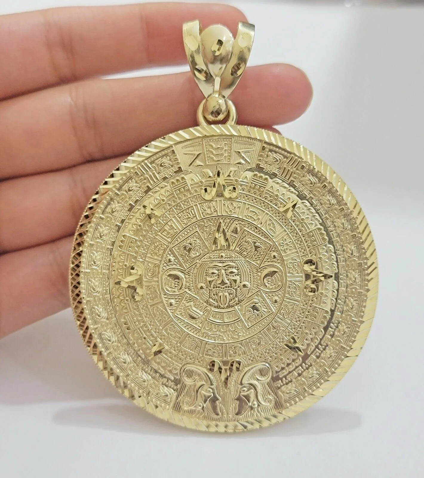 SOLID Real 10kt Yellow Gold Pendant Aztec Mayan Calendar 2.5" Men's Round Charm - Image 5